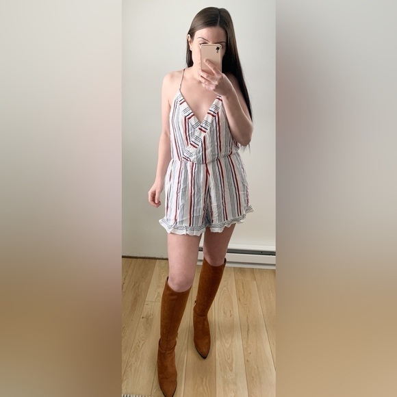 Tularosa Amelia Red White Blue Striped V Neck Tie Back Romper Large - Picture 9 of 16